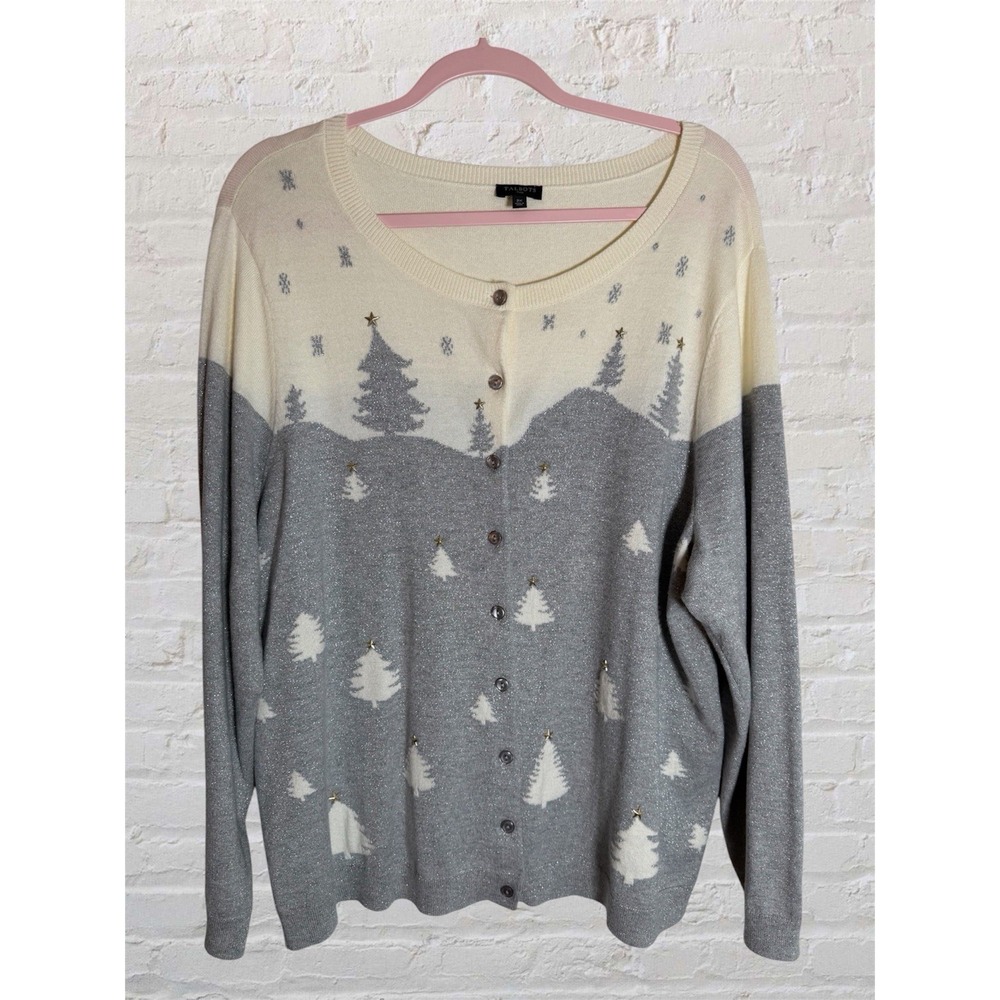 Talbots Plus Size 2X Cardigan Button Up Christmas Winter Holiday Trees Sparkle